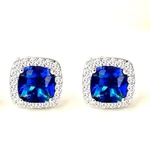 Cushion Cut Blue & Clear CZs Earrings